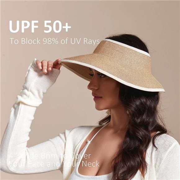 New Sun‎ Visor Hats for Wome  Summer Ponytail Foldable Straw Beach Hat UPF 50+ - Picture 3 of 7